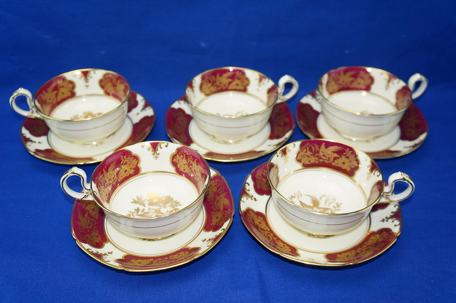 Tuscan Westminister Maroon Gold Bird (4) Cups, 2" & (5) Saucers, 5 1/2"